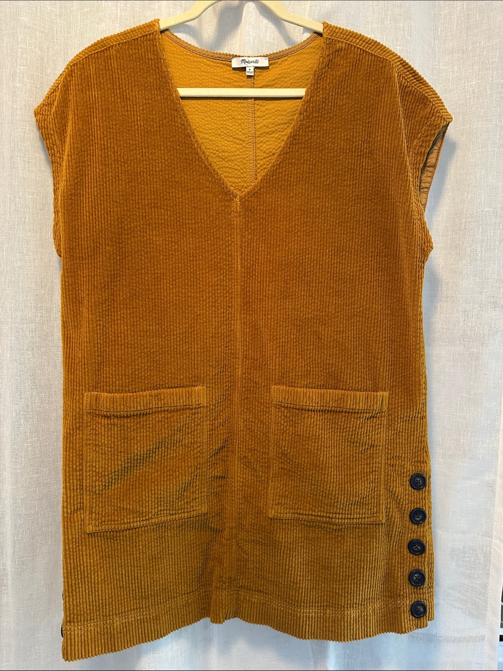 Madewell Ochre Corduroy V-Neck Mini Dress with Side Buttons